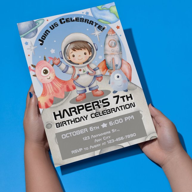 Celestial Celebration: Light Blue Astronaut Invitation (Stellar Space Adventures: Watercolor Kids Birthday Collection)