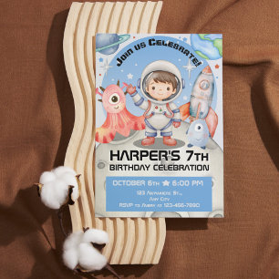 Celestial Celebration: Light Blue Astronaut Invitation