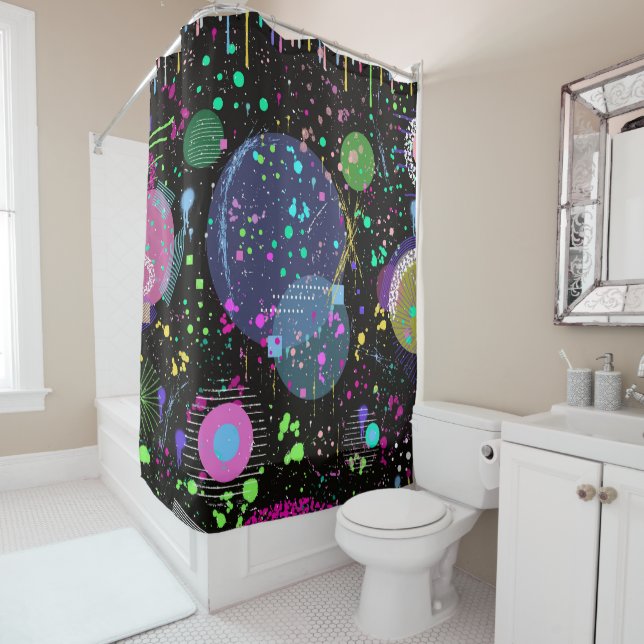 Celestial Celebrations: Maximalist Abstract Art  Shower Curtain (In Situ)