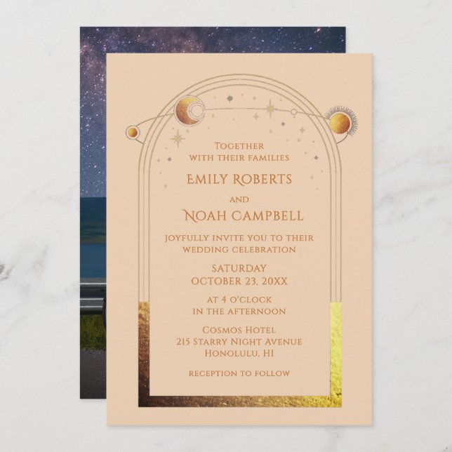 Celestial Champagne Gold Elegant Photo Wedding Invitation (Front/Back)