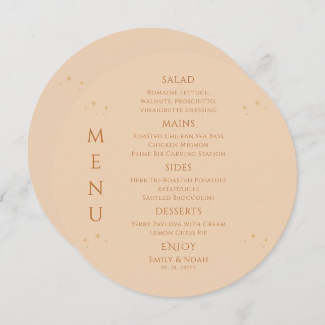 Celestial Champagne Gold Sun Moon Stars Wedding Menu (Front/Back)