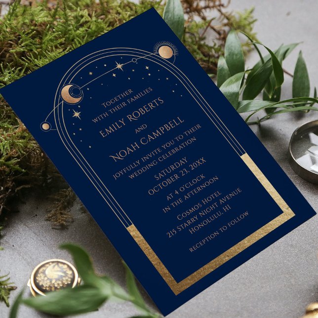 Celestial Chic Blue Gold Star Moon Astronomy Space Invitation (Creator Uploaded)
