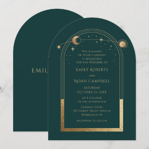 Celestial Chic Green Gold Sun Moon Stars Space Invitation
