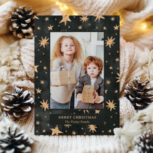 Celestial Christmas Gold Stars on Black Photo Holiday Card