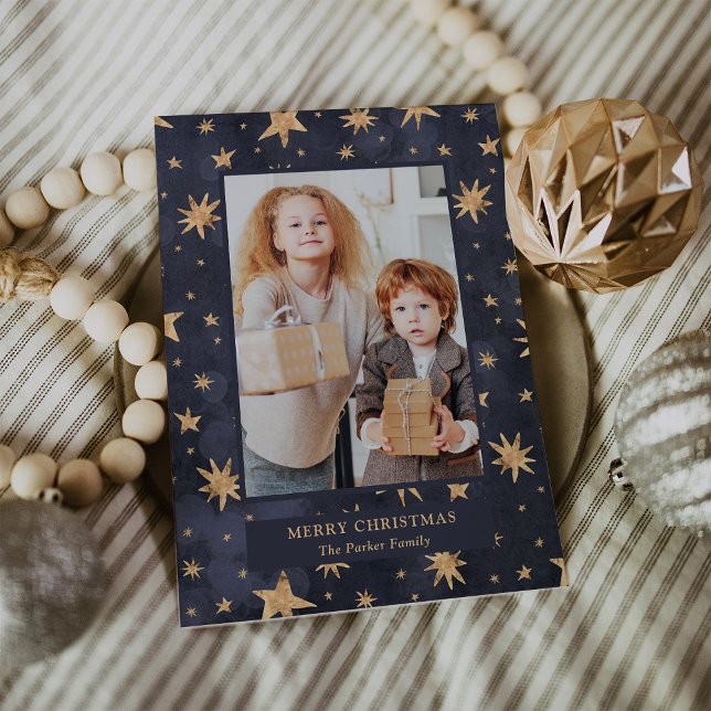 Celestial Christmas | Gold Stars on Blue Photo Holiday Card (A blue Christmas photo card full of elegant gold stars)
