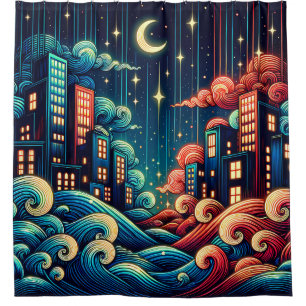 “Celestial Cityscape with Whimsical Waves” Shower Curtain