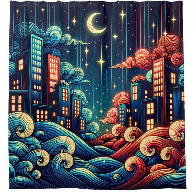 “Celestial Cityscape with Whimsical Waves” Shower Curtain (Front)