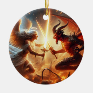 Celestial Clash: Red & Gold Ceramic Ornament