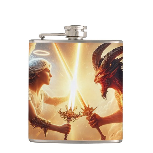Celestial Clash: Red & Gold Hip Flask (Front)