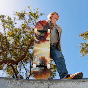 Celestial Clash: Red & Gold Skateboard