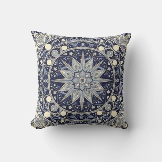 Celestial Compass Mandala Star Pattern Art Cushion (Front)
