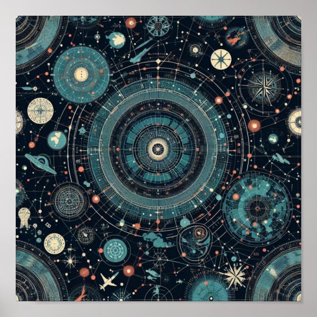 Celestial Compass: Vibrant Star Map on Blue Poster (Front)