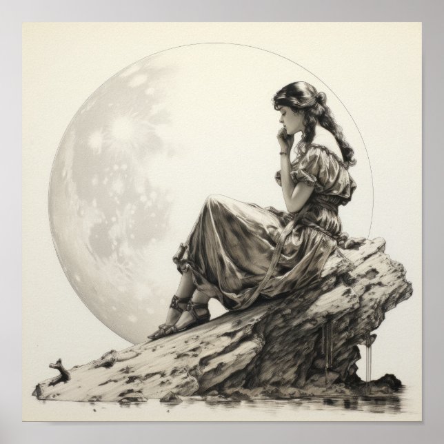 Celestial Contemplations: Girl on the Moon Ponderi Poster (Front)