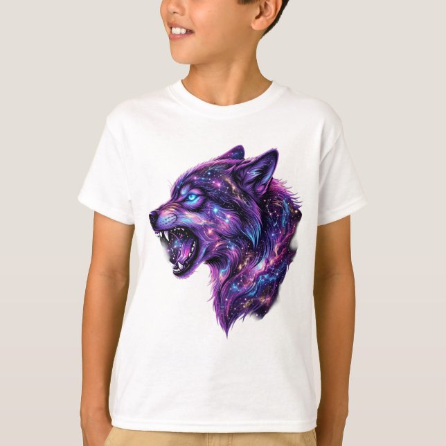 Celestial Cosmic Galaxy Wolf Roar Graphic T-Shirt (Front)