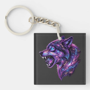 Celestial Cosmic Galaxy Wolf Roar Graphic T-Shirt Key Ring