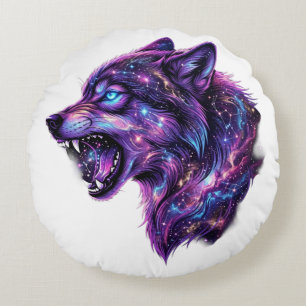 Celestial Cosmic Galaxy Wolf Roar Graphic T-Shirt Round Cushion