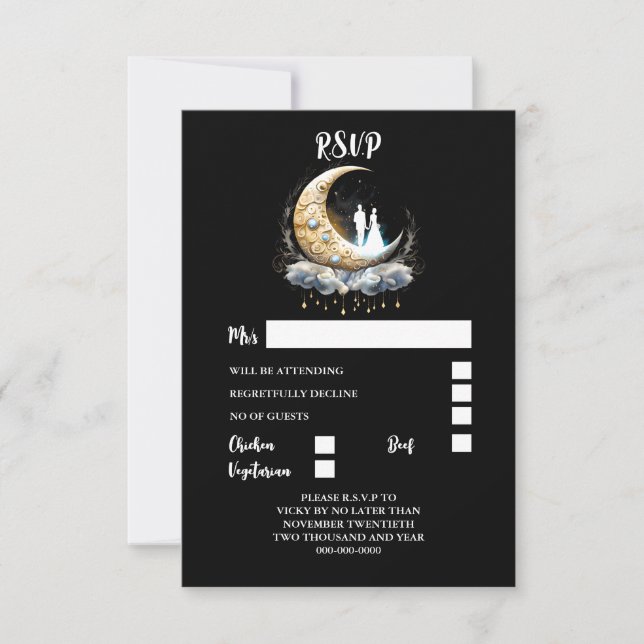 Celestial couple silhouette crescent moon elegant RSVP card (Front)