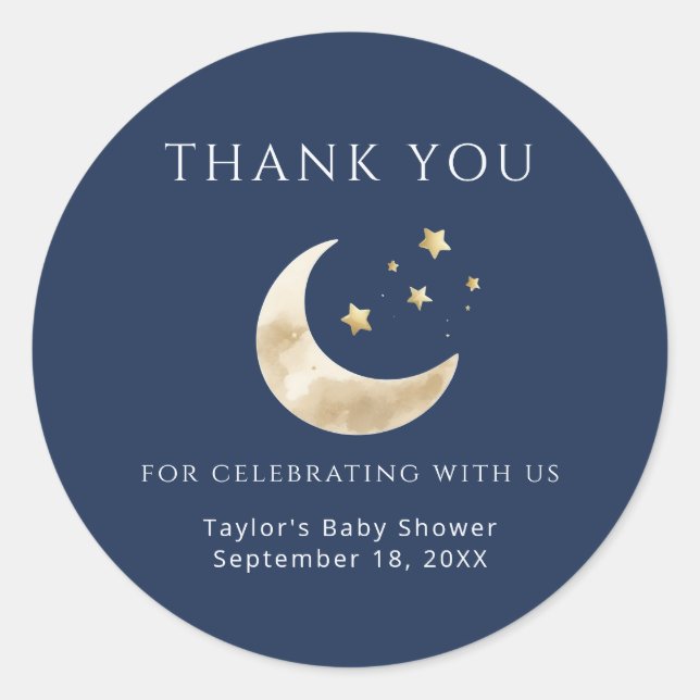 Celestial Crescent Moon and Stars Thank You Classic Round Sticker (Front)