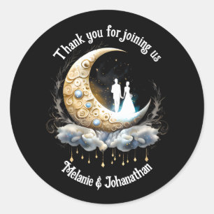 Celestial crescent moon couple silhouette starry  classic round sticker