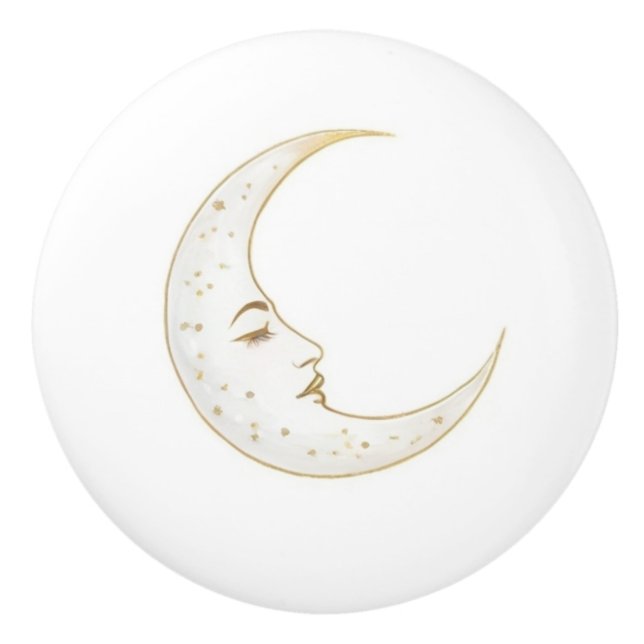 Celestial Crescent Moon Face Gold Silver White Ceramic Knob (Front)
