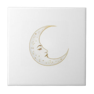 Celestial Crescent Moon Face Gold Silver White Ceramic Tile