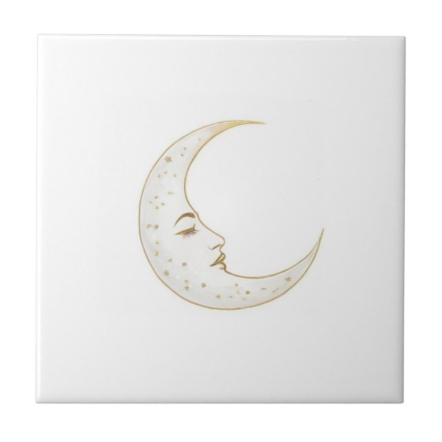 Celestial Crescent Moon Face Gold Silver White Ceramic Tile (Front)
