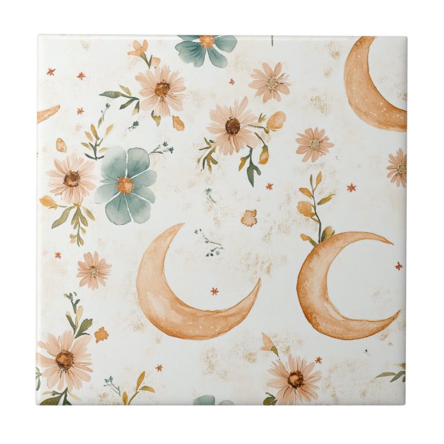 Celestial Crescent Moon Floral Gold Glitter Ceramic Tile (Front)
