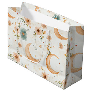 Celestial Crescent Moon Floral Gold Glitter Large Gift Bag