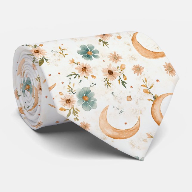 Celestial Crescent Moon Floral Gold Glitter Tie (Rolled)