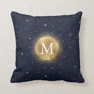 celestial crescent moon gold Monogram Cushion