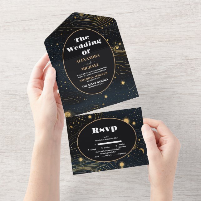 Celestial Crescent Moon Gold Wedding All In One Invitation (Tearaway)