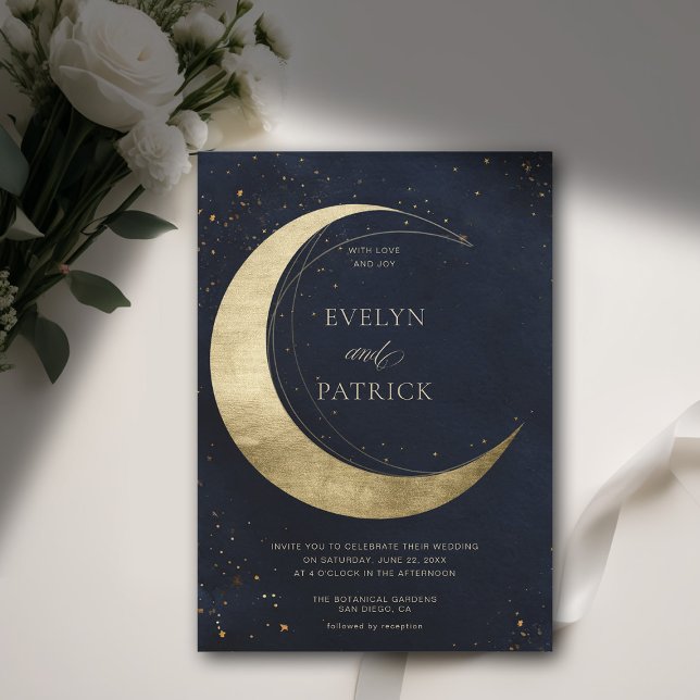 Celestial Crescent Moon Moody Navy Modern Wedding Invitation (celestial wedding invitation elegant modern whimsical crescent moon moody dark)
