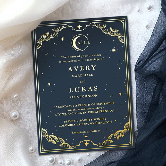 Celestial Crescent Moon Navy Blue Wedding Gold (Creator Uploaded)