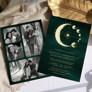 Celestial Crescent Moon Phase Emerald Wedding Gold