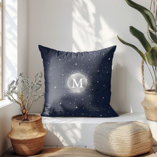 Celestial Crescent Moon Silver Monogram Cushion
