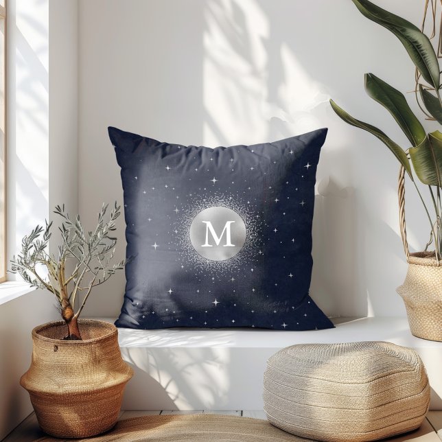 Celestial Crescent Moon Silver Monogram Cushion (Creator Uploaded)
