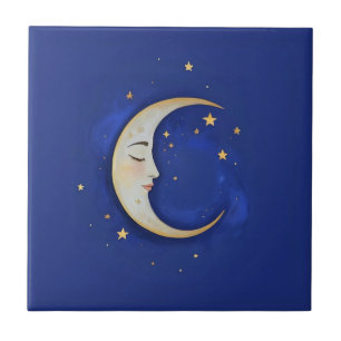 Celestial Crescent Moon with Face Gold Dark Blue Ceramic Tile
