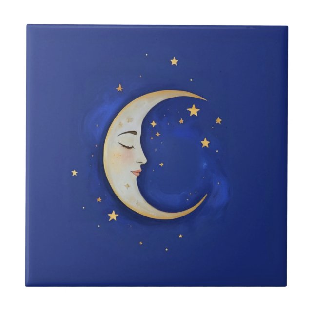 Celestial Crescent Moon with Face Gold Dark Blue Ceramic Tile (Front)