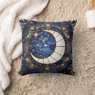 Celestial Crescent Ornate Stained-Glass Moon Cushion