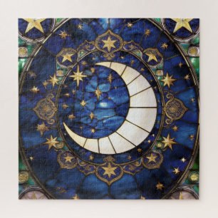 Celestial Crescent Ornate Stained-Glass Moon Jigsaw Puzzle