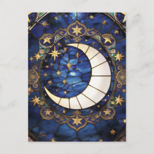 Celestial Crescent Ornate Stained-Glass Moon Postcard