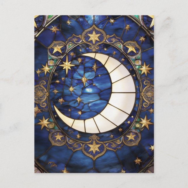 Celestial Crescent Ornate Stained-Glass Moon Postcard (Front)
