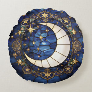 Celestial Crescent Ornate Stained-Glass Moon Round Cushion