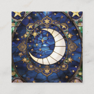 Celestial Crescent Ornate Stained-Glass Moon Square Business Card
