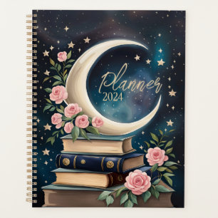 Celestial Cresent Moon with Books and Roses Planner