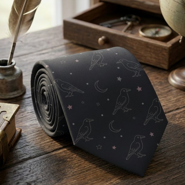 Celestial Crow Dark Academia Men's Tie (Whimsigoth Raven necktie)