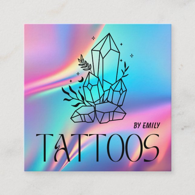Celestial Crystal Tattoo Salon Holographic Square Business Card (Front)