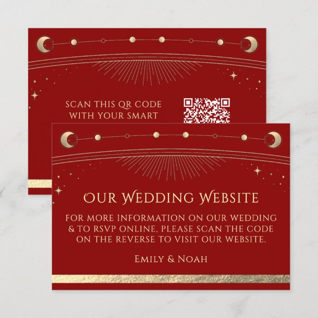 Celestial Dark Red Wedding Website RSVP QR Code Enclosure Card (Front/Back)