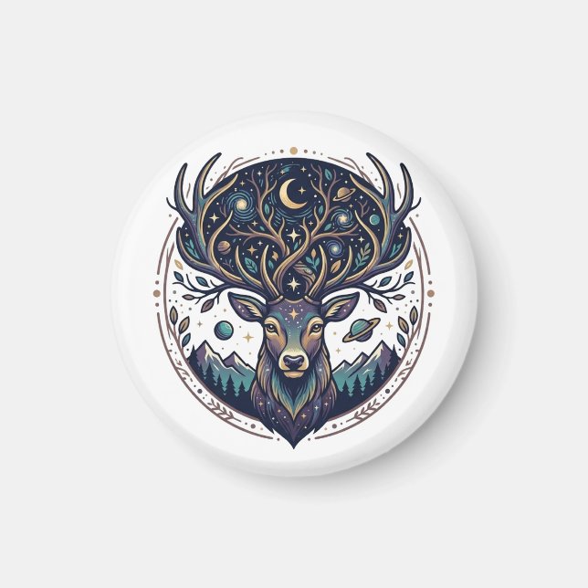 Celestial Deer Mystical Moon & Star Art Stag Magnet (Front)