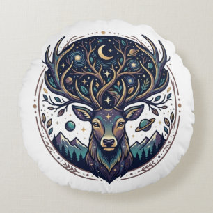 Celestial Deer Mystical Moon & Star Art Stag Round Cushion